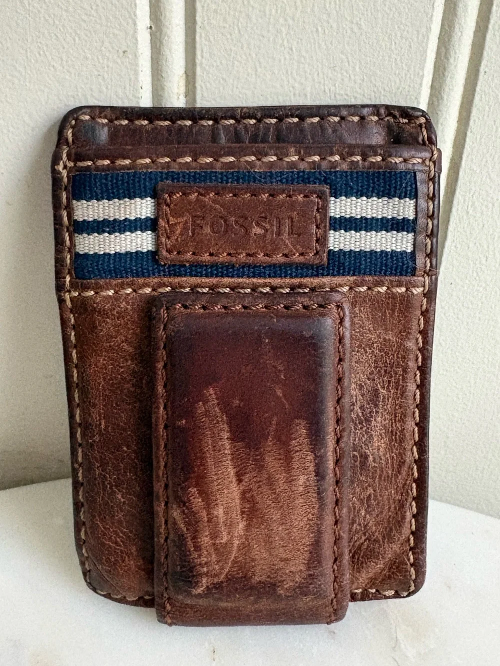 Fossil Leather Card Case/Magnetic Money Clip Brown/Navy Designer Masculine Cash
